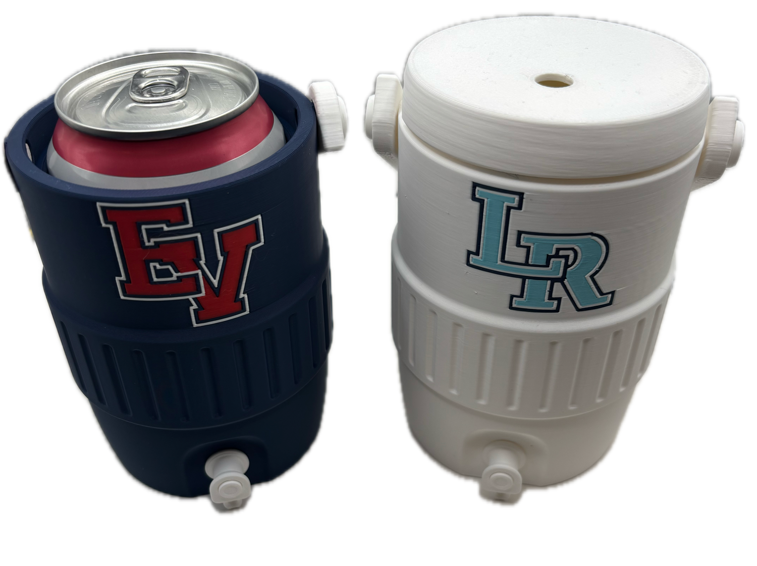Two insulated can coolers shown on a plain white background, one in white with a light blue and gray lettering design, and one in dark navy with a red and gray lettering design. Both are shown from different angles to display the top opening and side profile.