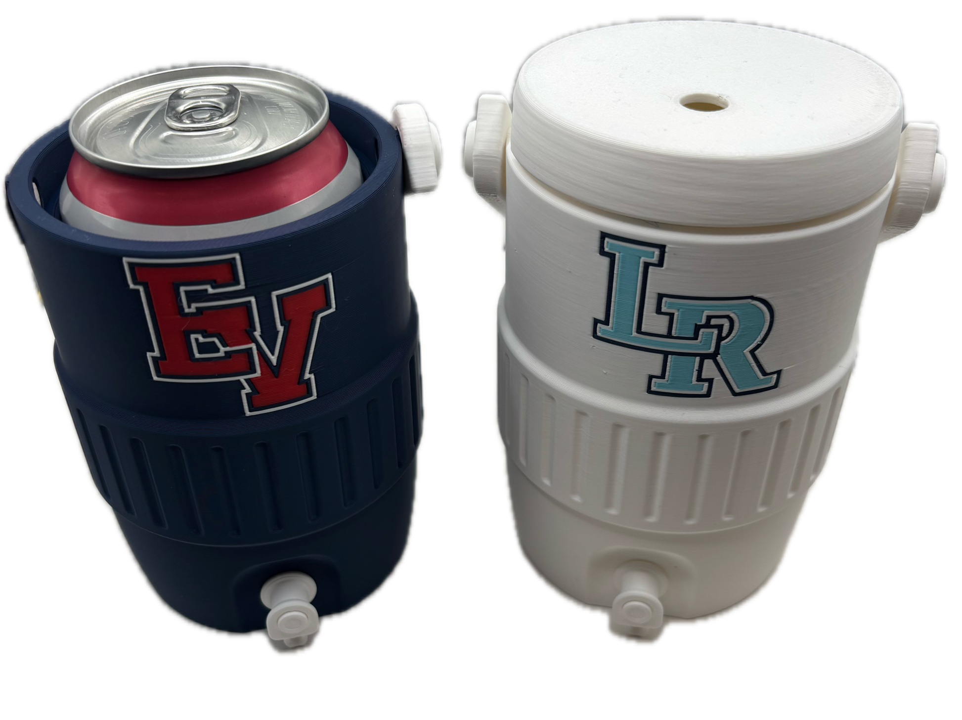 Two insulated can coolers shown on a plain white background, one in white with a light blue and gray lettering design, and one in dark navy with a red and gray lettering design. Both are shown from different angles to display the top opening and side profile.