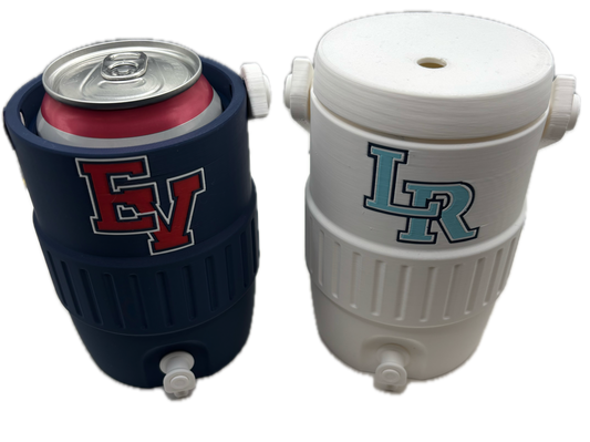 Two insulated can coolers shown on a plain white background, one in white with a light blue and gray lettering design, and one in dark navy with a red and gray lettering design. Both are shown from different angles to display the top opening and side profile.